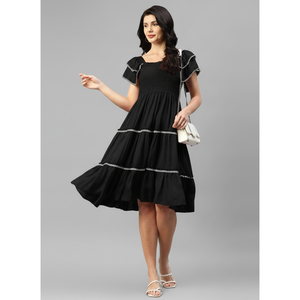Deebaco Women's Solid Black Boho Midi Dress A-Line Square Neck Sleeveless Ruffles <b>Elastic</b> Waist Casual Summer Western Wear <b>Lace</b> - Product Image 1