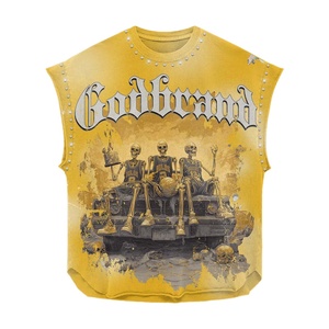 T-shirt 100% coton pour homme, coupe ample, imprimé, jaune, sans manches, 240 GSM, impression graphique, style streetwear clouté. - Product Image 1