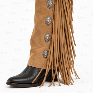 Pantalon d'équitation pour femme en cuir véritable, style western, taille haute, à franges, avec fermeture à boucle - Product Image 6