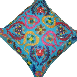 Handmade Indian Style Orange Suzani Embroidered Cushion Cover Aari Turkish Lace Border Folk Wool <b>Pillow</b> Case for Hotels Square - Product Image 1