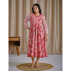 Vestido Anarkali de Algodón Estampado a Mano en Blanco y Rojo, Ropa Americana - Product Image 6
