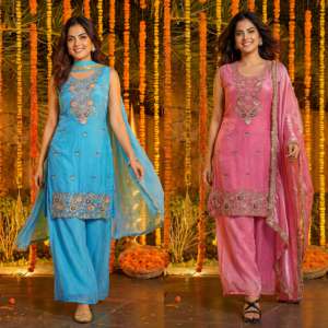 Ensemble Palazzo 3 Pièces Designer en Soie Fandy avec Broderie Perles et Sequins – Tenue Palazzo Tendance avec Dupatta - Product Image 2