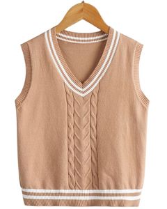 เสื้อกั๊กไหมพรมถักลายเคเบิลคอวีสีเบจ แต่งแถบสีขาว สไตล์คลาสสิก เนื้อผ้านุ่ม แบบไม่มีแขน สำหรับผู้ชาย แฟชั่นฤดูหนาว - Product Image 2