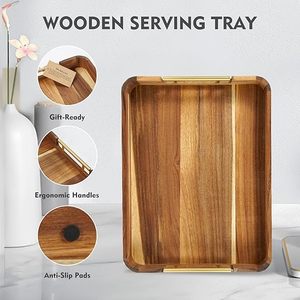 Plateau de rangement et de service en bois en gros avec élégantes poignées latérales en laiton, finition lisse, pour la cuisine, la salle à manger et la décoration de table basse - Product Image 6