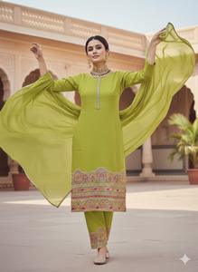 Trajes de Tres Piezas Modernos de Algodón para Mujer, con Dupatta de Chinnon y Adornos Payal, para Fiestas, con Bordado Romano Kingsa - Product Image 6