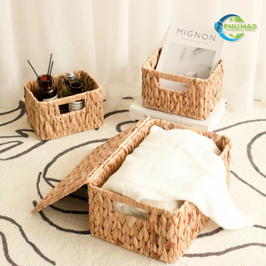 Authentic Handwoven WATER HYACINTH <b>BASKET</b> with Iron Frame and Custom <b>Lids</b>, Rectangle Design From Vietnam <b>Laundry</b> Organizer - Product Image 3