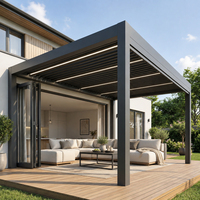 Pergola bioclimatique motorisée murale en aluminium avec lames orientables, système de couverture de terrasse imperméable avec éclairage LED