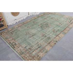 Alfombra turca vintage de 5,4x9,3 pies, tejido plano de lana, respaldo de látex, patrón de retazos verde Beige para decoraciones de pasillo de sala de estar - Product Image 4