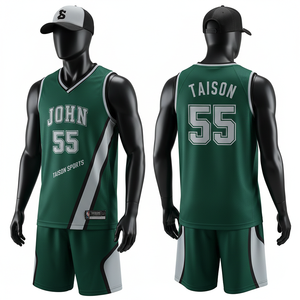 Ensemble de maillot et short de basket-ball pour hommes en maille polyester premium 180 GSM, vert et blanc avec panneaux contrastés, logo personnalisé par sublimation - Product Image 1