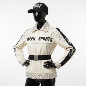 Veste Softshell de luxe pour femmes, tissu 320GSM, blanc crème, panneaux latéraux, strass, logo personnalisé par transfert thermique, veste Softshell pour femmes - Product Image 4