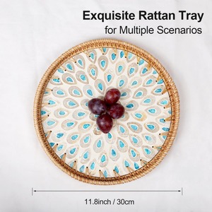 Combinación de estilos patrón madre de perla y bandeja de mosaico conjunto de bandeja de servicio de ratán redondo bandeja tejida a mano decoración Bohemia arte de pared decoración del hogar - Product Image 2