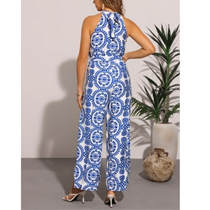 Boho Sleeveless Jumpsuit <b>Halter</b> Neck Belted Slit Wide Leg Jumpsuit - Product Image 3