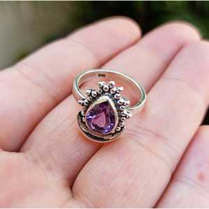 Handmade Women's Amethyst Silver <b>Ring</b> February Gemstone Moon Shape <b>Statement</b> <b>Ring</b> for Gift - Product Image 3