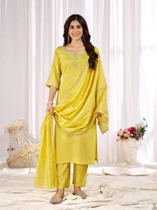 Traje Salwar Tradicional Indio Pakistaní de Tela de Seda Romana Pesada, Elegante para Oficina, Amarillo de Moda, para Fiestas, Bodas, Haldi - Product Image 2