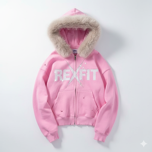 Rexfit Sports Men <b>Pink</b> Full Zip <b>Hoodie</b> with Front Chest Print & Fur Embellishment On Hood | Modern Streetwear Winter <b>Hoodie</b> - Product Image 1