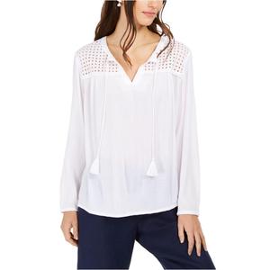 Top da Donna Charter Club con Colletto Asimmetrico Arricciato, in Lino Traspirante, con Nappe e Occhielli, Bianco Tinta Unita, Taglia Media, per Primavera/Estate - Product Image 1