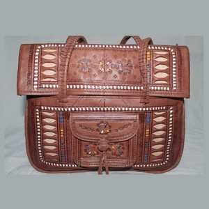 Genuine Leather <b>Moroccan</b> Embossed Bohemian Embroidered Fashion Crossbody Shoulder Bag Geometric Pattern Drawstring Closure for - Product Image 1