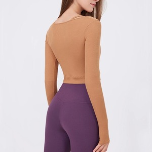 Top de yoga pour femmes, couleur unie, manches longues, chemise de gymnastique, doux, extensible, respirant, séchage rapide, vêtements de sport pour femmes. - Product Image 5