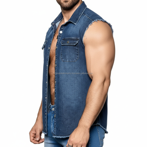 Gilet en jean sans manches pour homme, personnalisé OEM, style rétro, coupe ajustée, débardeur musculaire avec doubles poches et bords bruts - Product Image 3