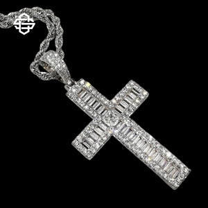Hiphop Moissanite Iced Out Cruz colgante collar para hombres mujeres lujo Bling Baguette CZ 925 joyería religiosa de plata esterlina - Product Image 4