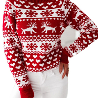Premium-Qualität Damen Winter Süßer Langer Flacher Gestrickter Dicker Bedruckter Wolle/Kaschmir Weihnachtspullover mit Rentier- und Sternmotiv vorne