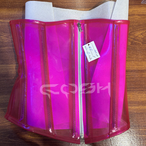 Corset tendance rose néon transparent en PVC avec baleines en acier et fermeture éclair argentée pour la mode et les tenues de club - Product Image 1