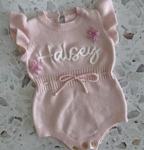 Personalised Hand Embroidered Knit Ruffle Sleeve Summer Romper Baby Shower <strong>Christening</strong> Chic Sleeveless <strong>Girl</strong> Playsuit <strong>Outfit</strong> - Product Image 3