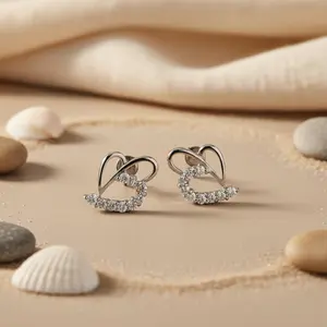 "925 <b>Silver</b> Heart Stud Earrings for Women with Cubic Zirconia" - Product Image 3