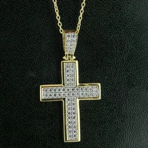 14K Yellow Gold Plated 925 <b>Silver</b> Pendant Chain with Round Cut Moissanite Diamond Cross Shape Vintage <b>Charm</b> for Gifts - Product Image 3