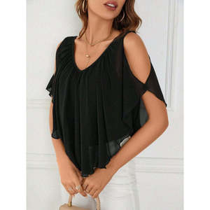 Blusa holgada de gasa con hombros descubiertos y cuello en V de manga corta para mujer, 36892 - Negro - Product Image 5