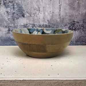 Ensaladera de mesa de madera de mango azul marino blanco hecha a mano, cuenco decorativo de resina para Navidad, artesanías de madera marrón Natural - Product Image 2