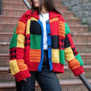Custom Embroidered <b>Crochet</b> Oversized Patchwork Color Block Chunky-<b>Knit</b> 100% Cotton <b>Cardigan</b> Moss Stitch Ribbed Button Front OEM - Product Image 4