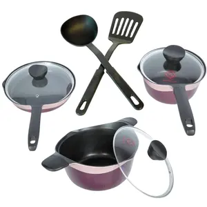 CKA COOKWARE SET MAROONSERIES耐熱ハンドル、汎用調理器具用ガラス蓋付き