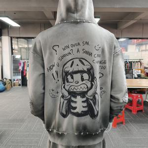 OEM Custom Men's Acid Wash Streetwear Tracksuit Heavyweight Zip-Up Hoodie Sweatpants Set Distressed <b>Applique</b> <b>Patch</b> Printed - Product Image 4