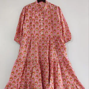 Hindistan'da el bloğu baskılı % yaz elbisesi pamuk çiçek baskı el yapımı blok baskılı elbise