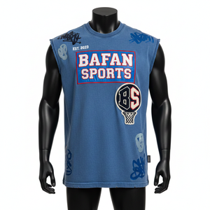 เสื้อยืดผู้ชายผ้าฝ้าย 100% ทรงหลวม พิมพ์ลาย พรีเมียม คุณภาพดี ผ้าคอตตอนผสมโพลีเอสเตอร์ สีน้ำเงิน แบบสปอร์ต แขนกุด ปักโลโก้ - Product Image 1