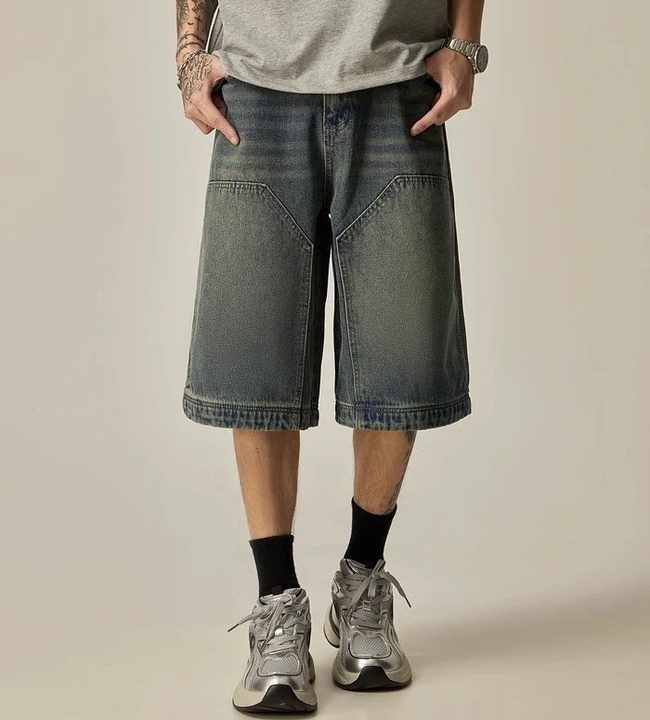 Wholesale Men's Shorts Customized LOGO Distressing Applique Embroidery Stitching Blue Washed Denim Shorts for Men