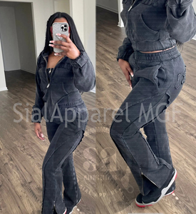 Conjunto de Sudadera con Capucha y Pantalones Largos para Mujer Sial Apparel, con Bordado Desgastado, Estilo Deportivo, Color Negro Lavado Ácido - Product Image 2