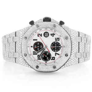 SM Jewels Chronographe Automatique Glacé Entièrement Moissanite Diamant 42mm Cadran Blanc Montre En Acier Inoxydable Style Hip Hop - Product Image 1