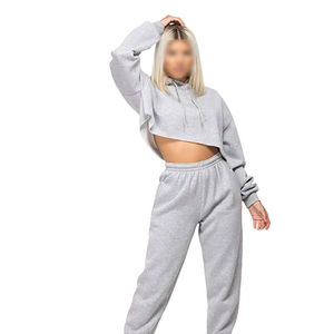 Ensembles de vêtements de sport décontractés d'hiver pour femmes, hauts courts à motif uni avec capuche, style simple, sweat-shirt et pantalon, survêtements en gros - Product Image 2