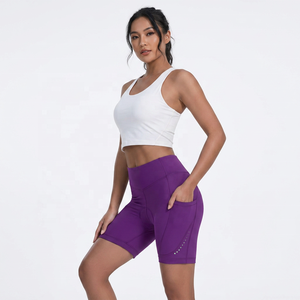 Shorts cyclistes pour femmes, taille haute, couleur violette, avec poches, séchage rapide, coupe ajustée, longueur courte, vêtements de sport - Product Image 5