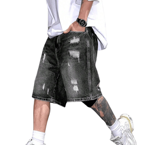 Mens <b>Black</b> Washed Denim <b>Shorts</b> Distressed Ripped Design Loose Fit Casual Streetwear 100% Cotton Woven Knee Length Summer Fashion - Product Image 4