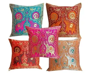 Vibrant Color Elephant Silk Cushion Covers 16x16 Inches, Embroidered Sofa Cushion Cover Decorative Throw Pillow Cushion