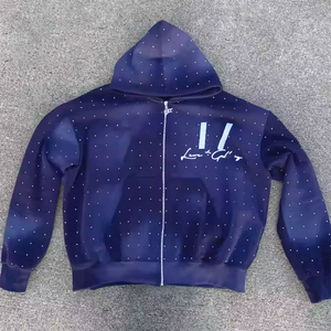 Sudadera con capucha y cremallera con estampado de parches bordados lavados con ácido y desteñidos de 100% algodón con logotipo personalizado, ropa de calle con diamantes de imitación - Product Image 4
