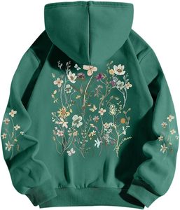 Sudaderas con capucha verdes con estampado floral para mujer Sudadera con gráfico de flores estéticas Vintage Sudadera con capucha térmica de lana Bohemia - Product Image 2