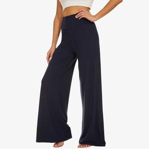 Pantalon de bureau taille haute personnalisé à jambes larges pour femmes Pantalon décontracté ample doux en tissu de coton écologique respirant pour femmes - Product Image 1