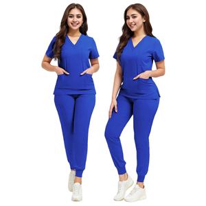 Ensemble de gommage médical personnalisé pour femmes Uniformes d'allaitement en polyester extensible Top tunique à lacets et pantalon de jogging Vêtements de travail du personnel hospitalier - Product Image 2