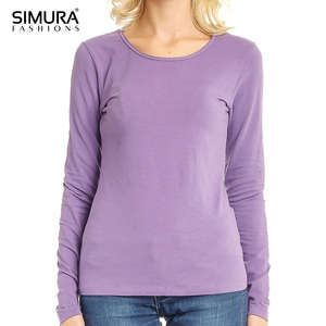 T-shirt décontracté pour femme à manches longues, col rond, couleur unie, 100% coton biologique, coupe ajustée, toutes saisons, tissu jersey tricoté - Product Image 2
