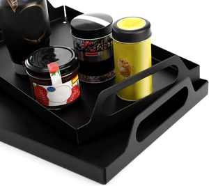 Lot de 2 plateaux de service faits main en métal noir Plateaux décoratifs durables et élégants avec poignées Tables basses parfaites pour le petit déjeuner - Product Image 4