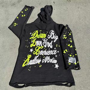 High Quality <b>Men</b> <b>Black</b> Cut Edge Raw Hem Custom Distress Puff Print Hoodie 500Gsm basic cotton blended <b>hoodies</b> <b>men</b>, <b>men's</b> <b>hoodies</b> - Product Image 3